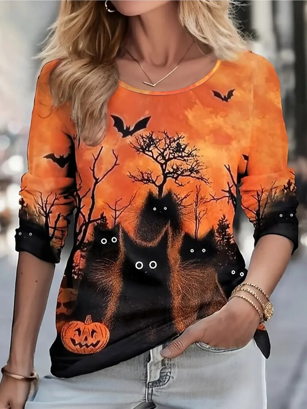Women's Orange Halloween Print Top XL 3/4 Sleeve Cat Ghost Plus New Loose